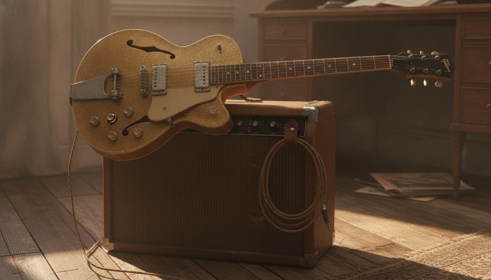 A well-worn electric guitar leaning against an amplifier in a dim, warmly lit rehearsal room