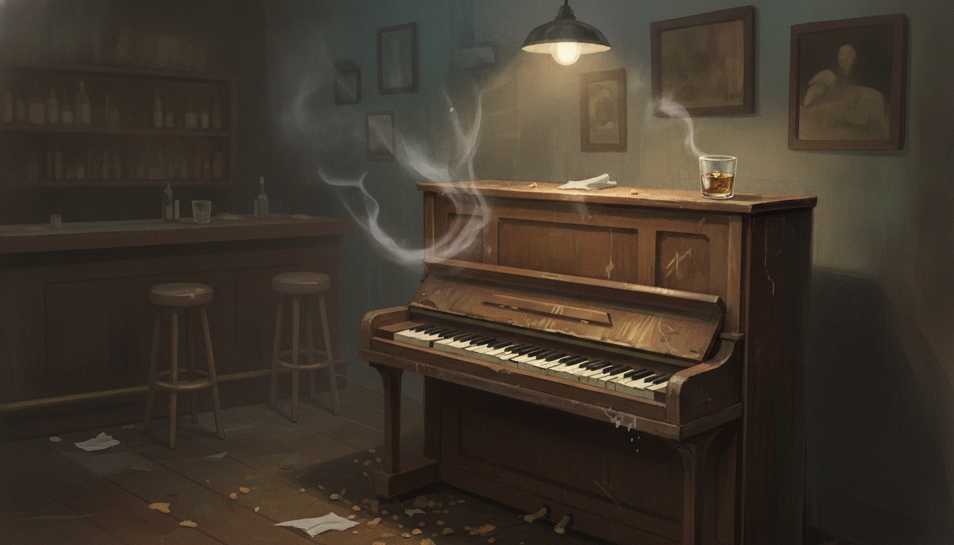 A battered upright piano in a dim, smoky barroom lit by a single bare bulb, a whiskey glass on top