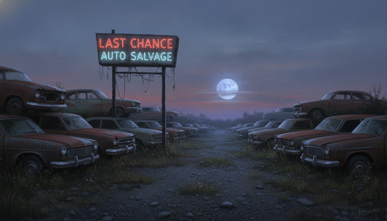 A moonlit junkyard at dusk with rusted old cars and a broken neon sign, weeds and gravel