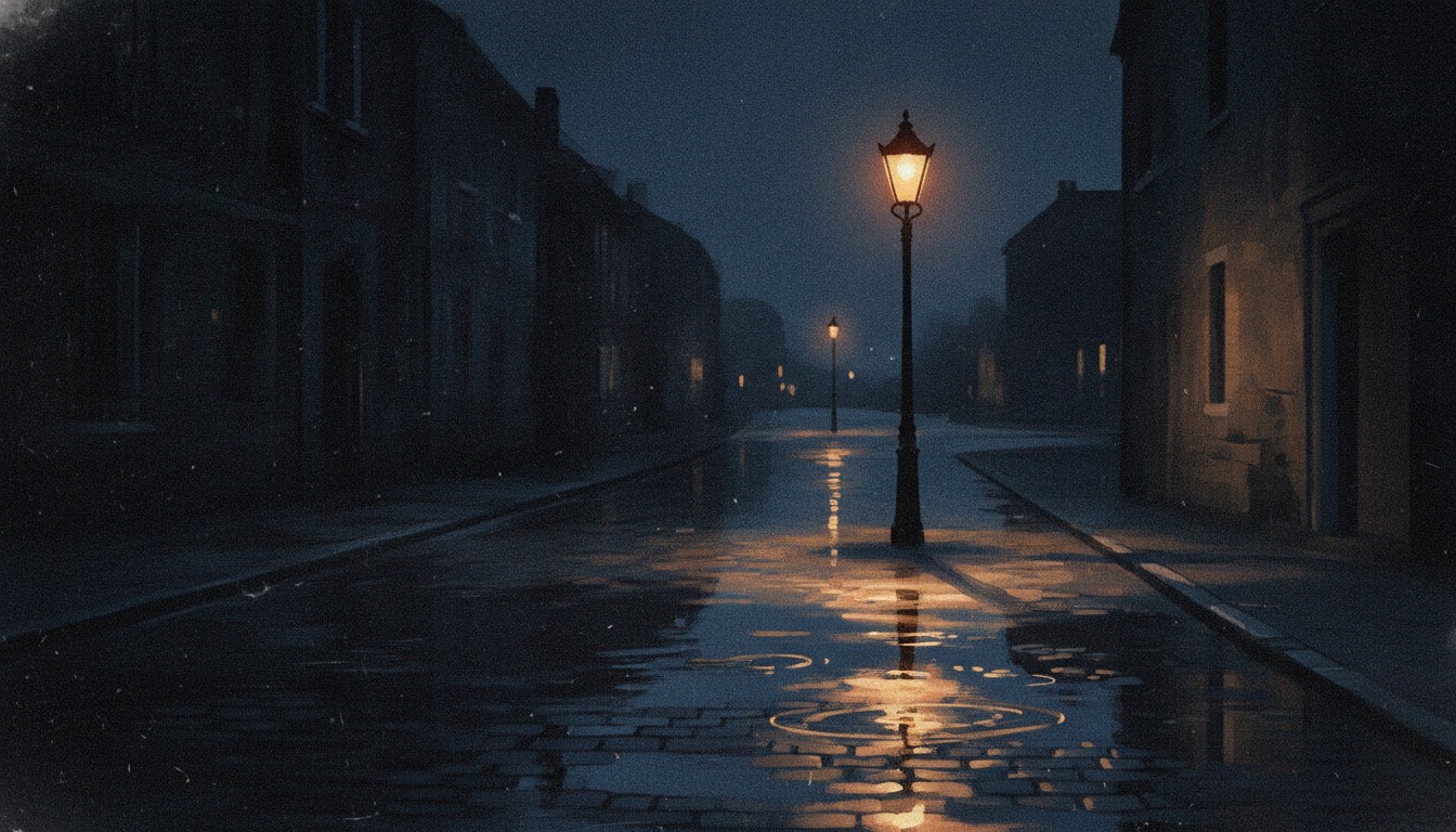 A lone streetlight on a wet cobblestone street at night, long shadows, noir atmosphere