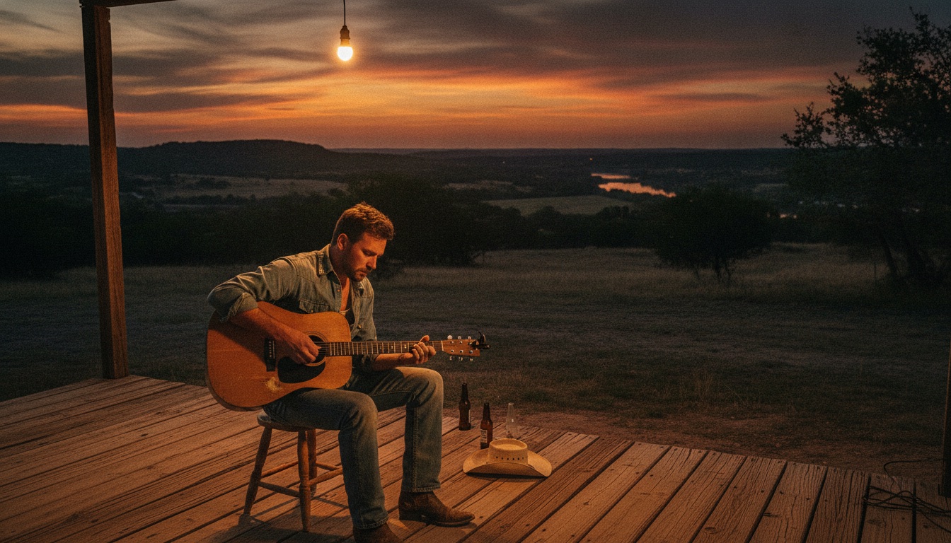 A lone man with an acoustic guitar sitting on a weathered porch at dusk, wide Texas country behind him