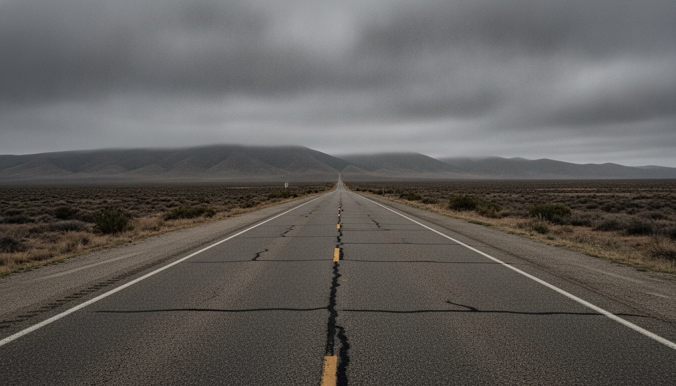 An empty two-lane highway running toward distant hills under a heavy overcast sky, muted browns and grays