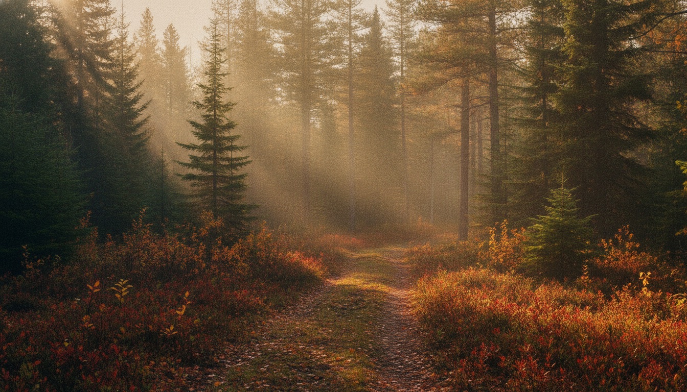 A northern Minnesota pine forest in autumn at golden hour with warm light and mist