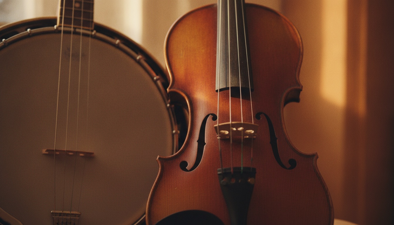 A fiddle and a banjo overlapping in warm light