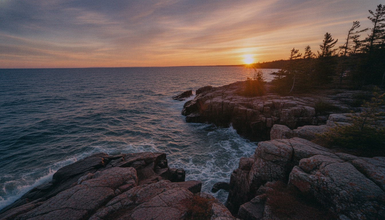 The rocky north shore of Lake Superior near Duluth at golden hour with cold blue water