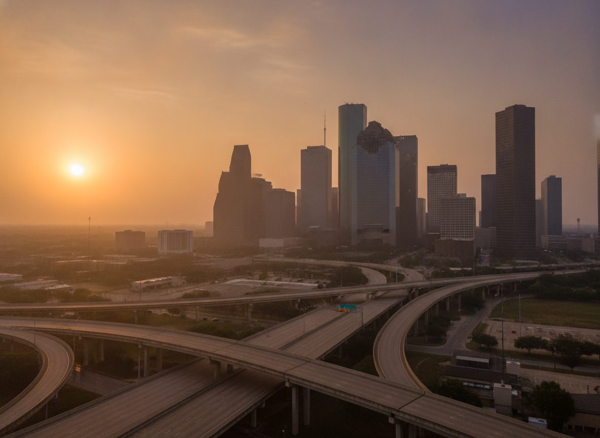 A hazy Houston skyline at golden hour seen through heat shimmer, warm orange light over the freeways