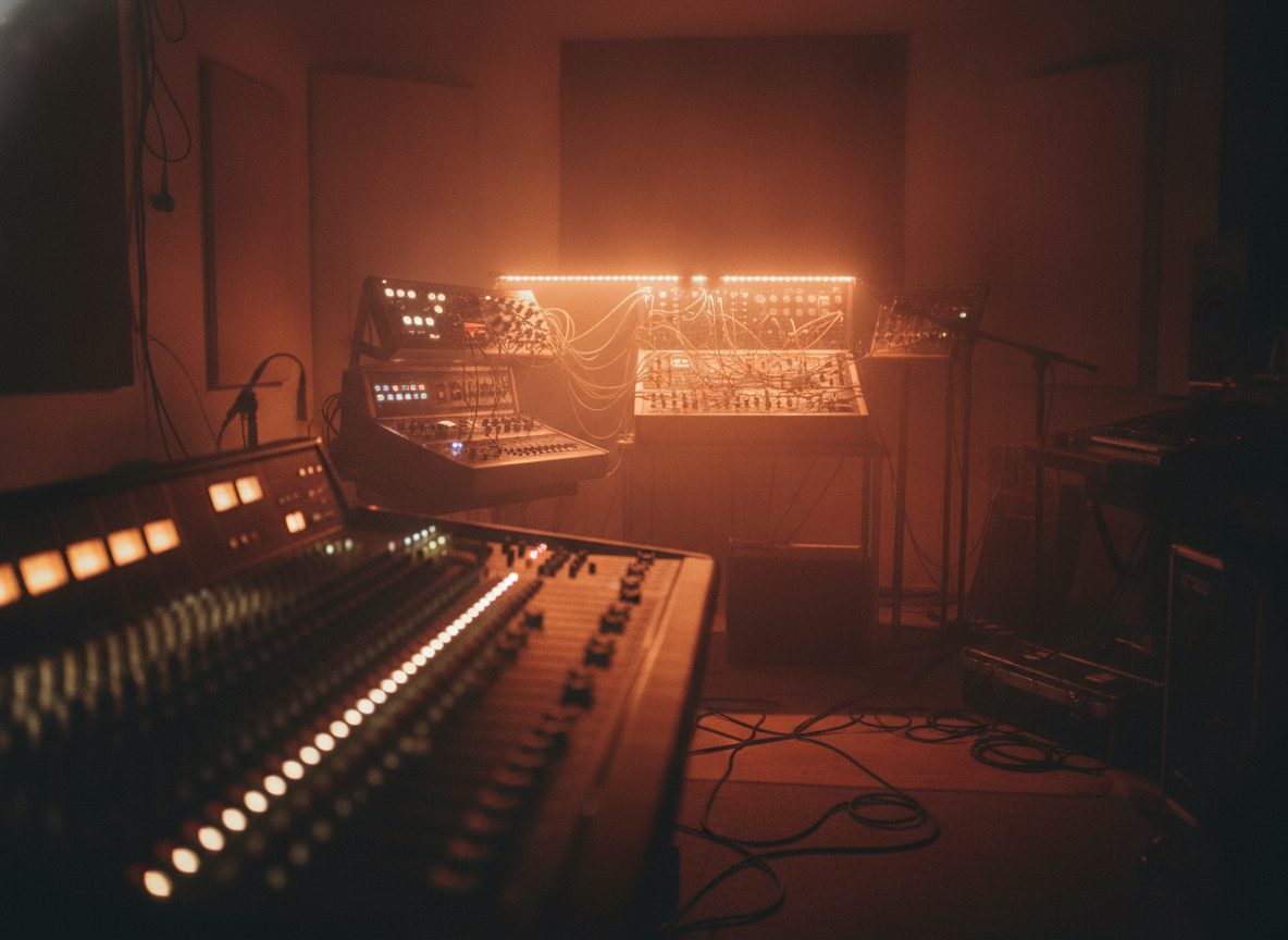A dim recording studio glowing with warm orange and purple light, a mixing console and vintage synths in soft focus