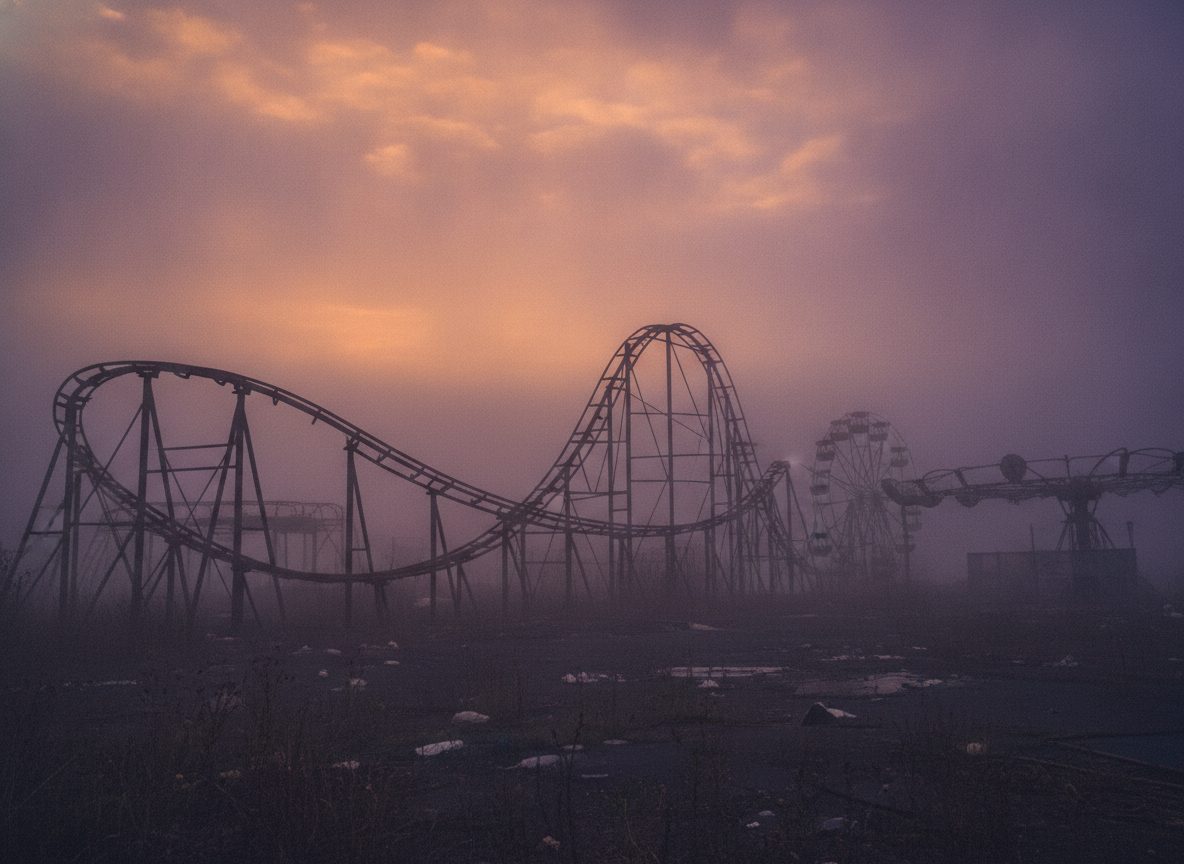An abandoned amusement park at dusk with a silhouetted roller coaster under a hazy purple and orange sky