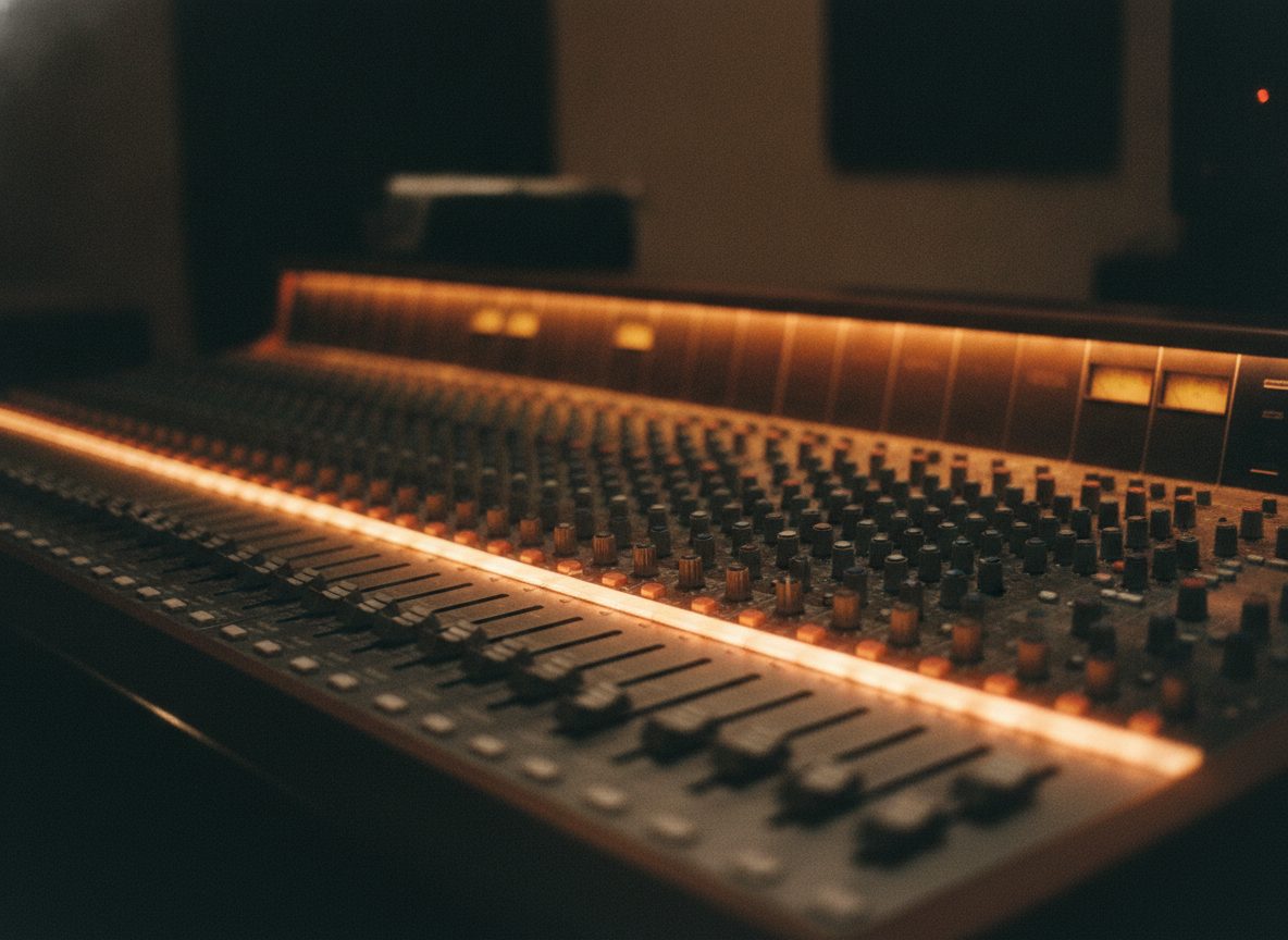 A vintage recording studio mixing console glowing under low amber light with faders and knobs in soft focus