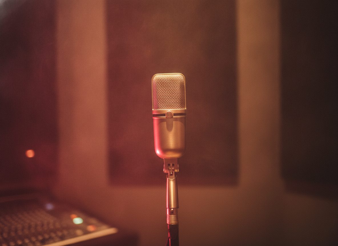 A single vintage microphone lit by a warm spotlight in a dark recording booth with soft red haze