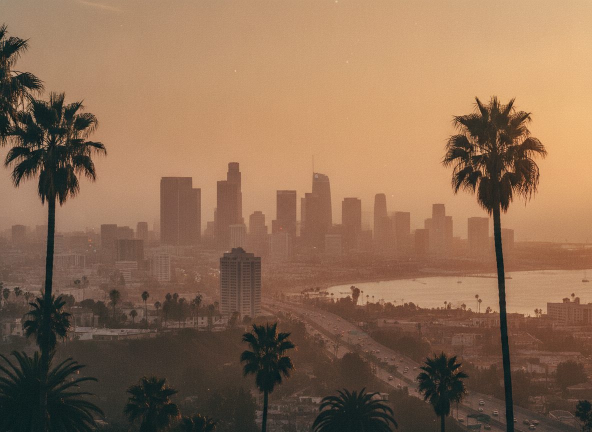 A hazy West Coast city skyline at golden hour with palm trees silhouetted against a warm smoggy sky