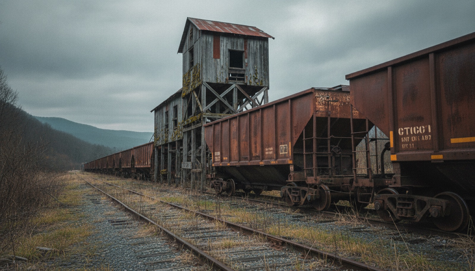 A weathered coal tipple and rusted rail cars against a grey Appalachian sky