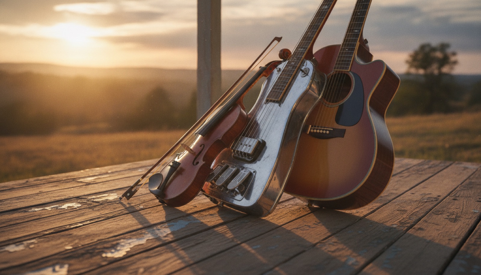 Instruments resting on a weathered wooden porch at dusk, a fiddle, a pedal steel, and an acoustic guitar