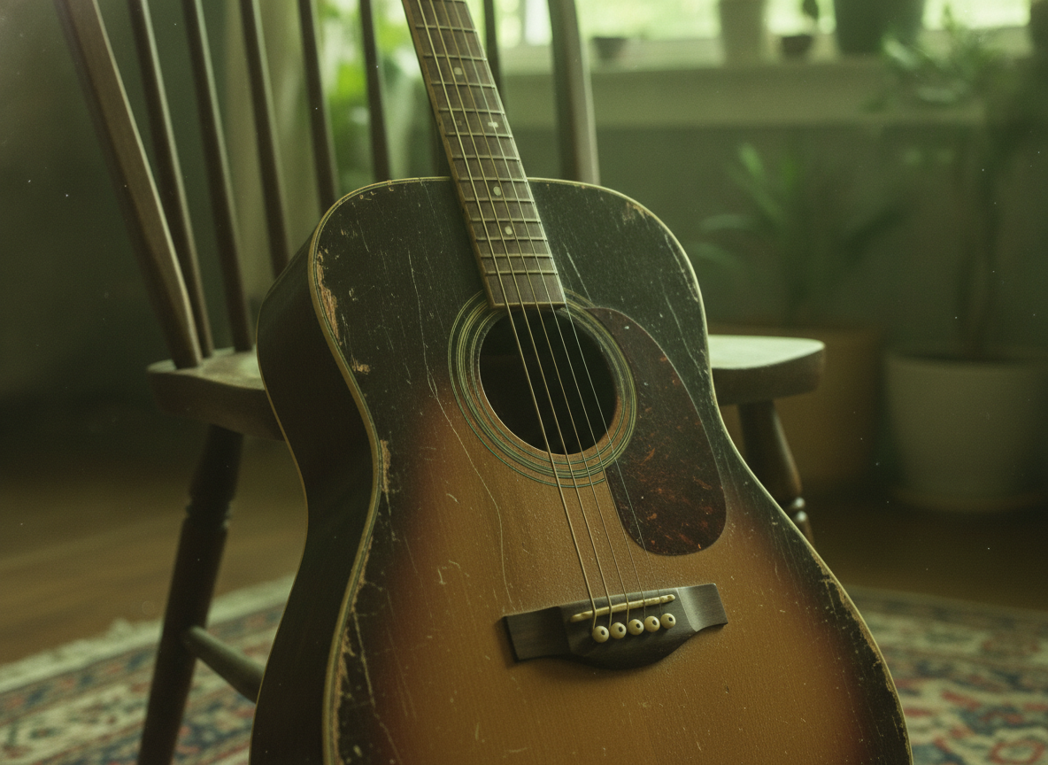A weathered steel-string acoustic guitar resting against a wooden chair in soft green-toned window light