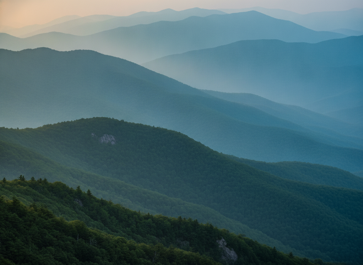 Layered ridgelines of the Blue Ridge Mountains fading into blue-green haze at dawn