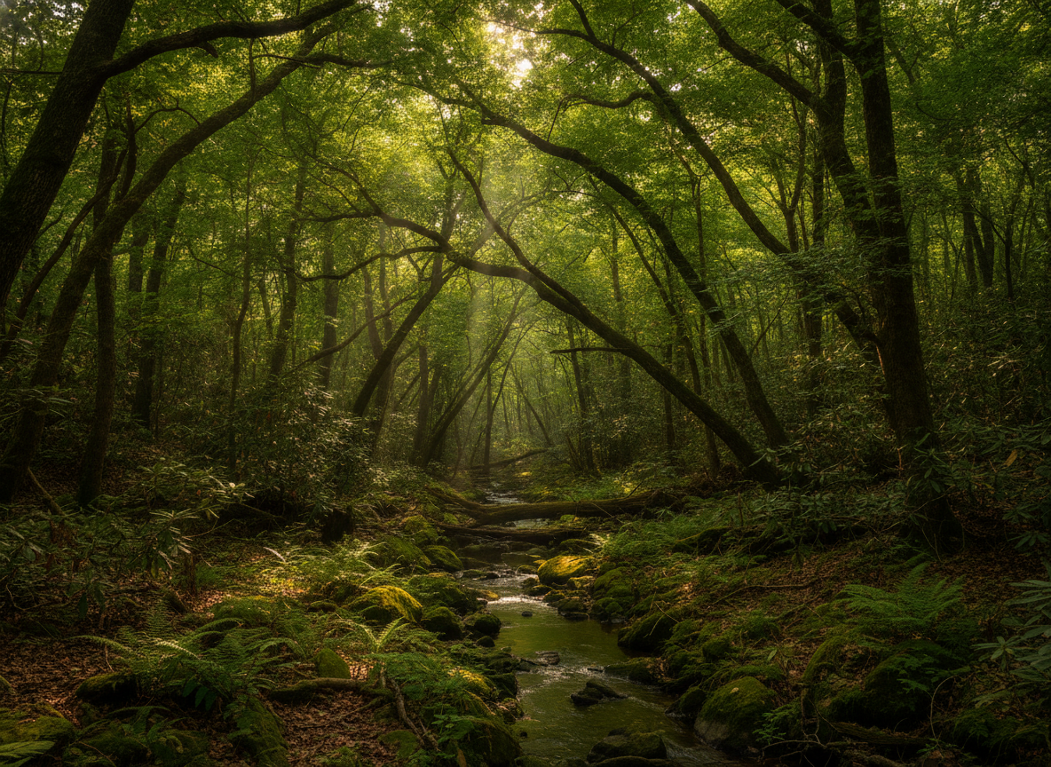 Sunlight filtering through the green canopy of a dense Appalachian hardwood forest