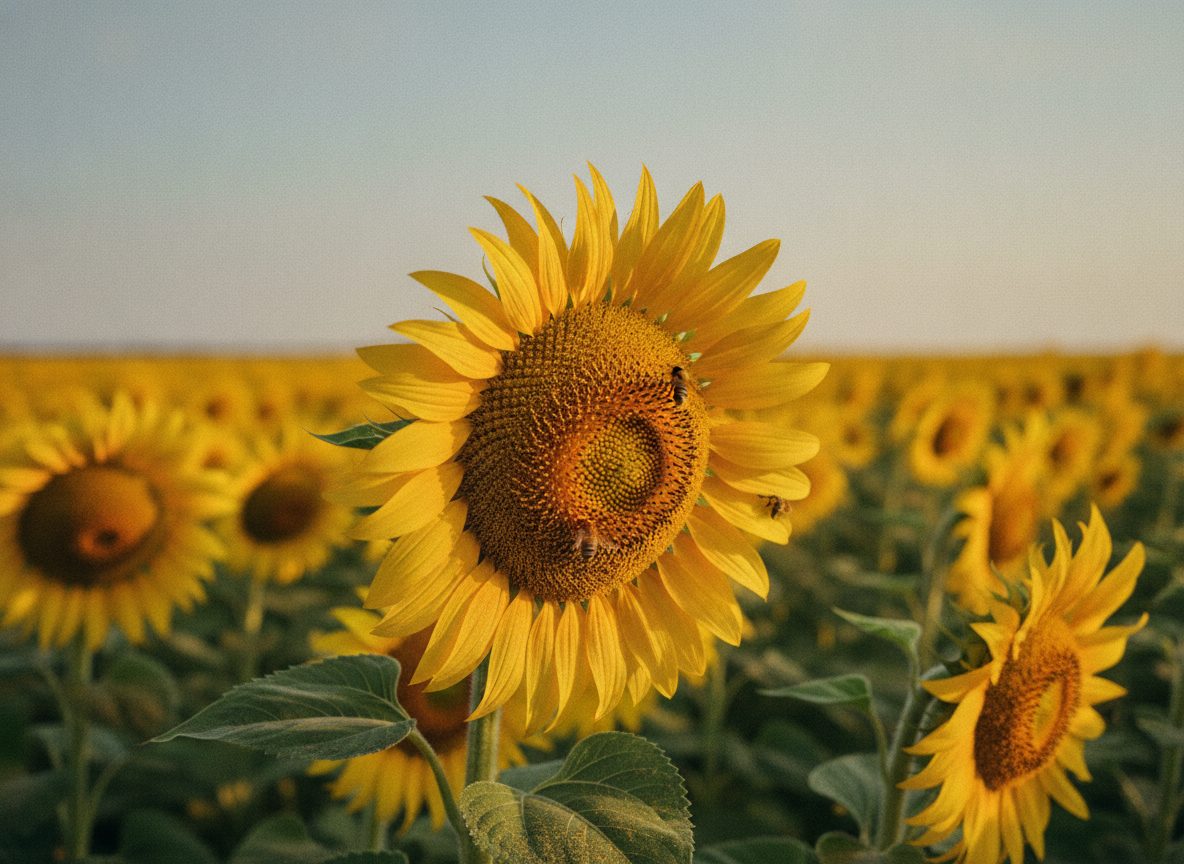 A pastel field of sunflowers and honeybees under a soft powder-blue sky at golden hour
