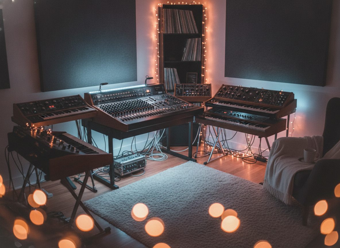 A warmly lit home studio with vintage synthesizers and a mixing desk glowing in pastel blue and pink light