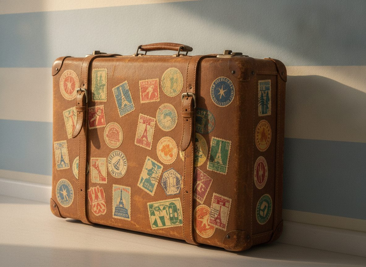 A vintage tan leather suitcase covered in travel stamps resting beside a pastel powder-blue wall