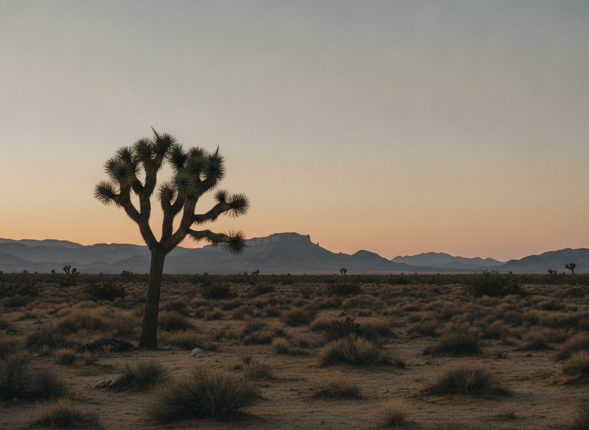 A wide high-desert landscape with a lone Joshua tree under a pale open sky