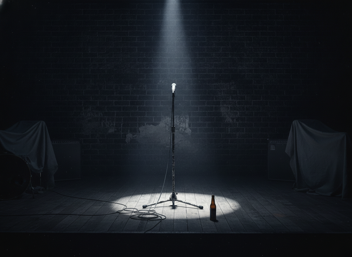 A stark empty club stage lit by a single hard spotlight against dark brick