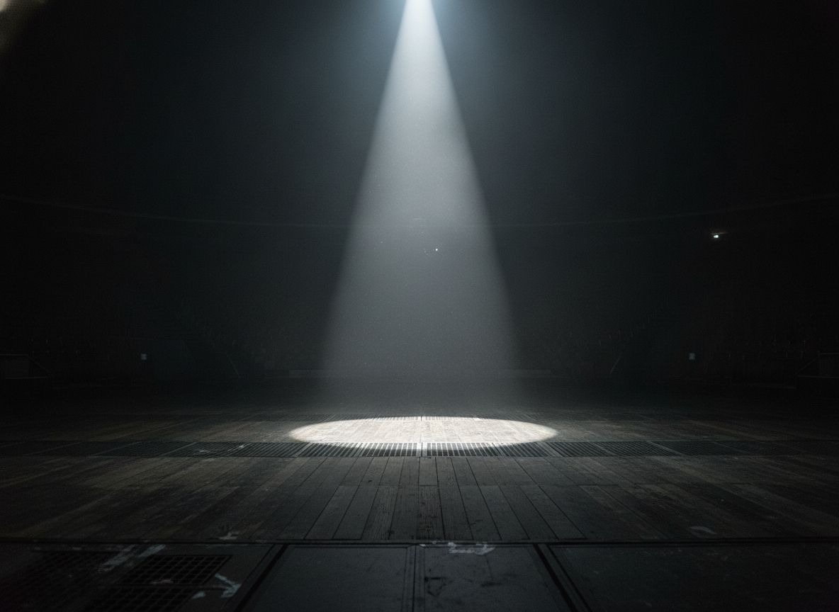 A stark arena stage lit by a single hard spotlight beam cutting through haze