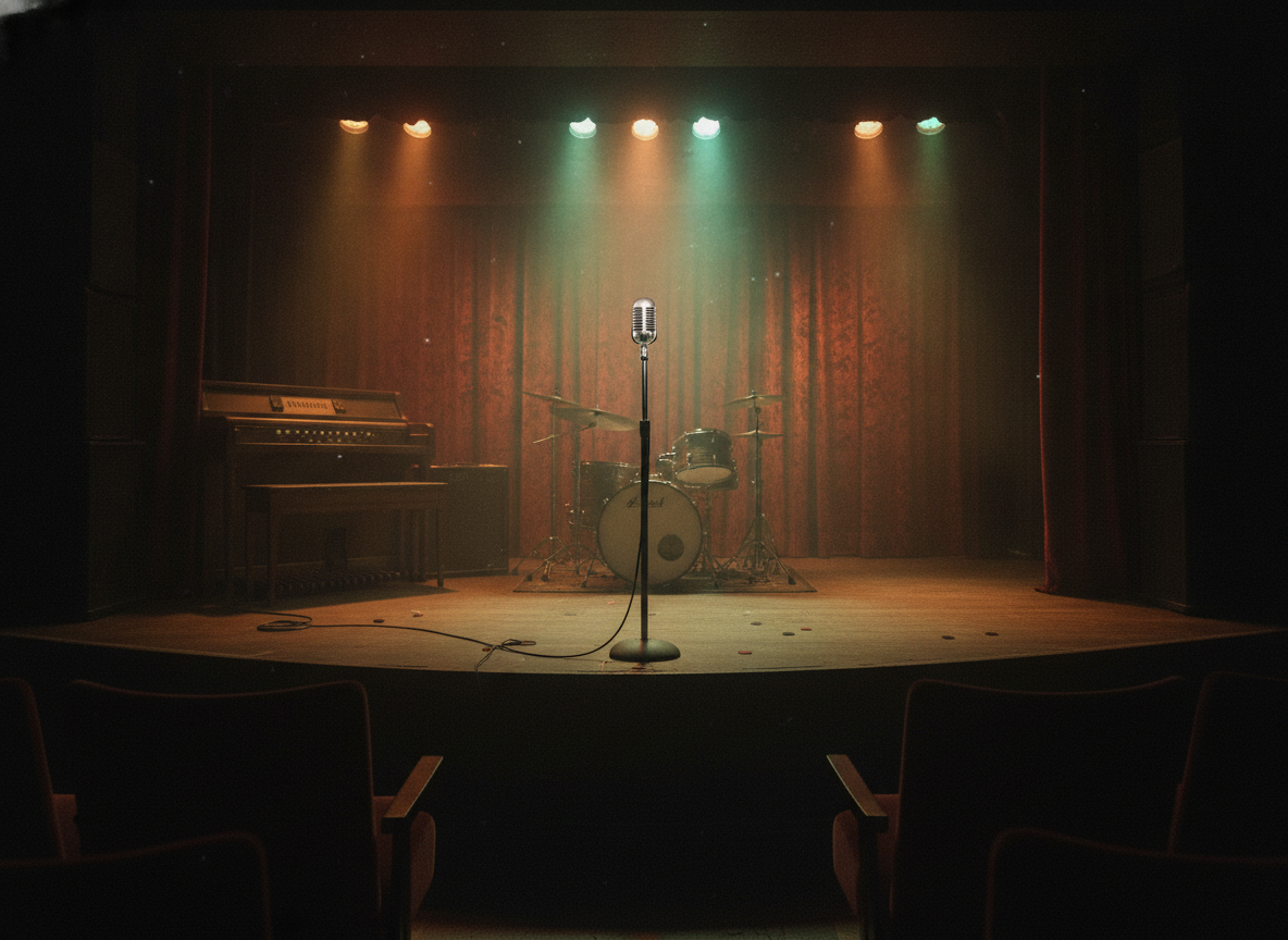 A dim vintage R&B club stage with a microphone stand and warm amber lighting, no people