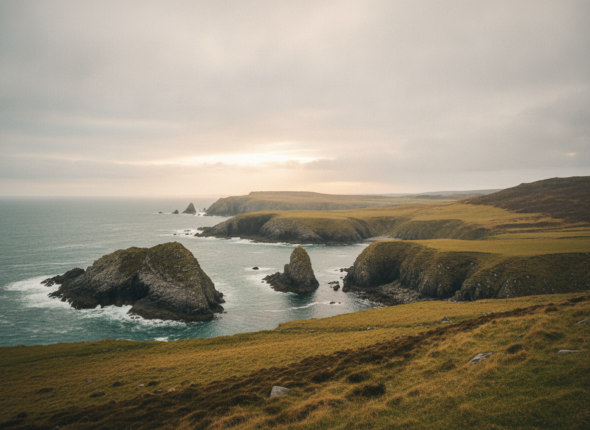 A rugged Northern Irish coastline of grey stone and green headland under a wide overcast sky
