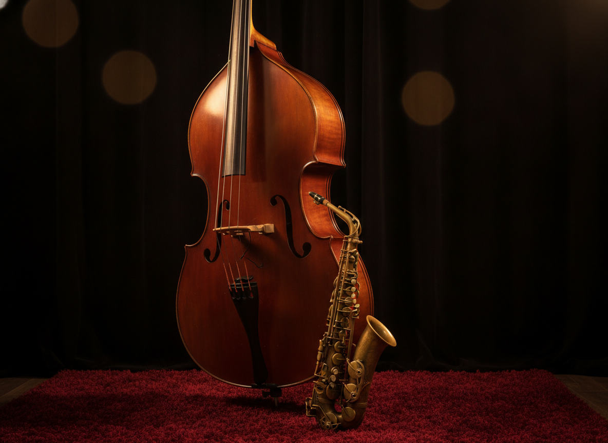 An upright double bass and a saxophone resting in warm studio light against a dark backdrop