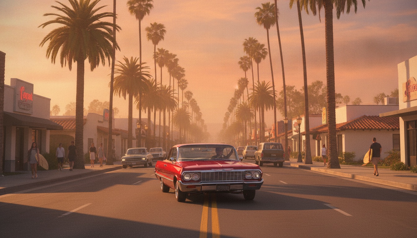 A warm Southern California street scene at golden hour with palm trees and a lowrider, easygoing