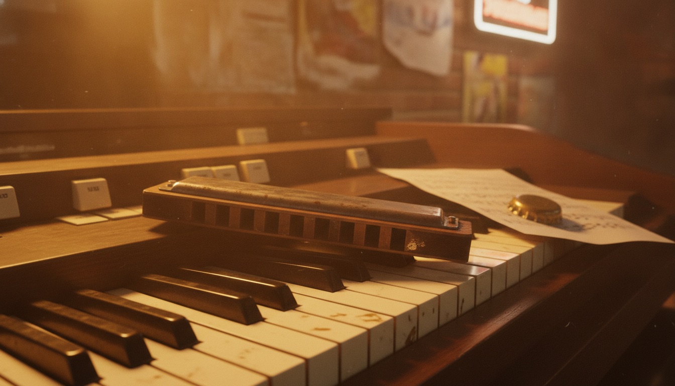 A harmonica and a vintage organ under warm amber light, soulful and streetwise