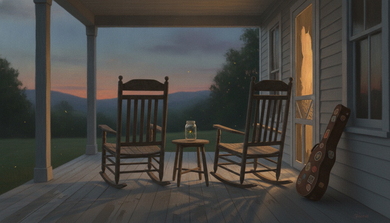Two empty rocking chairs on a weathered farmhouse porch at dusk, a firefly jar glowing between them and a sticker-covered guitar case leaning by the door
