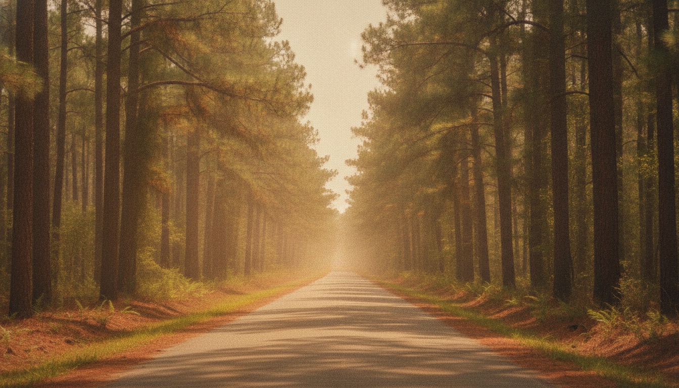 A quiet two-lane country road winding through tall longleaf pines in the North Carolina piedmont at golden hour