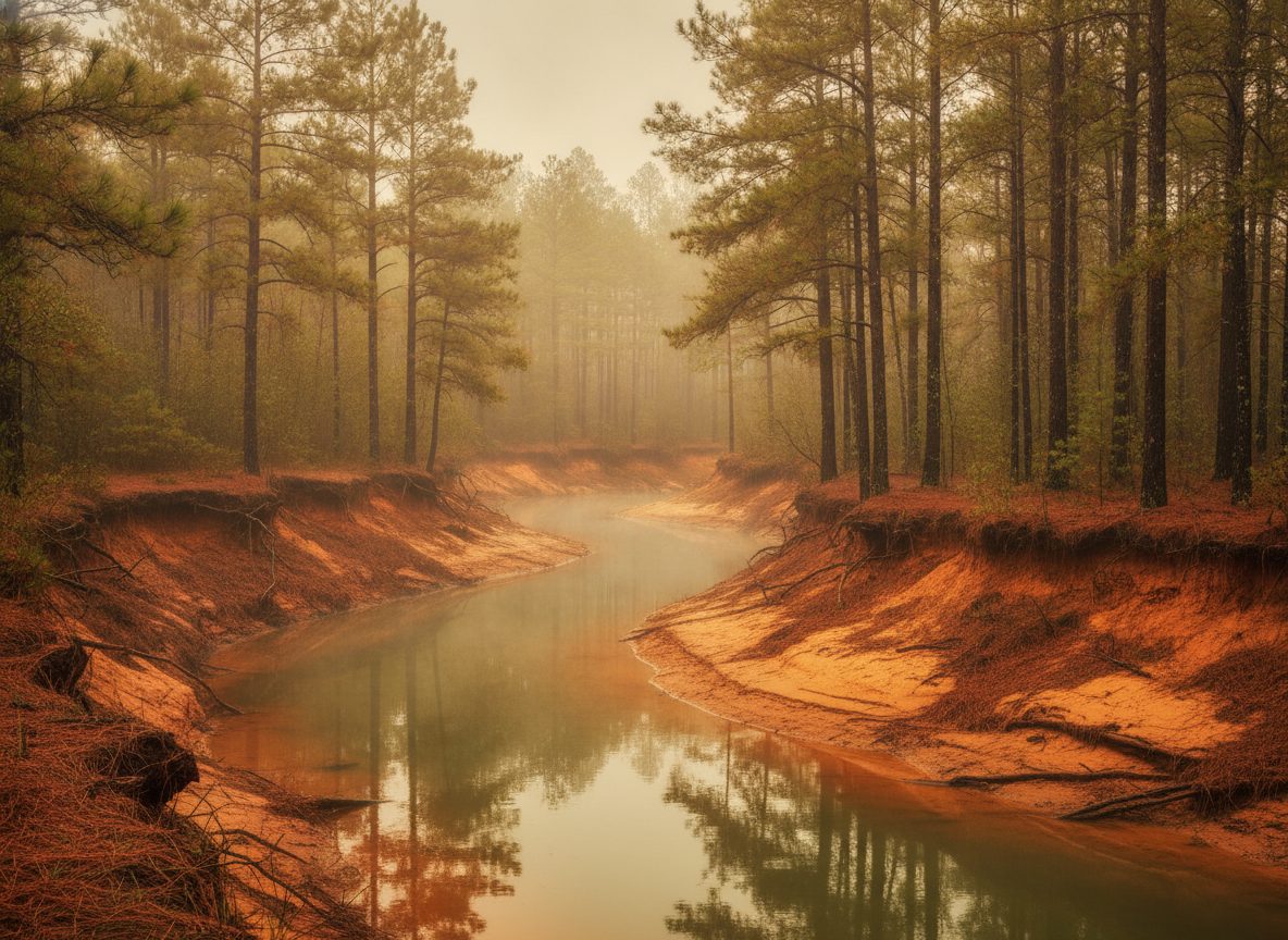 A slow Alabama creek winding through pine and red clay banks under soft morning light