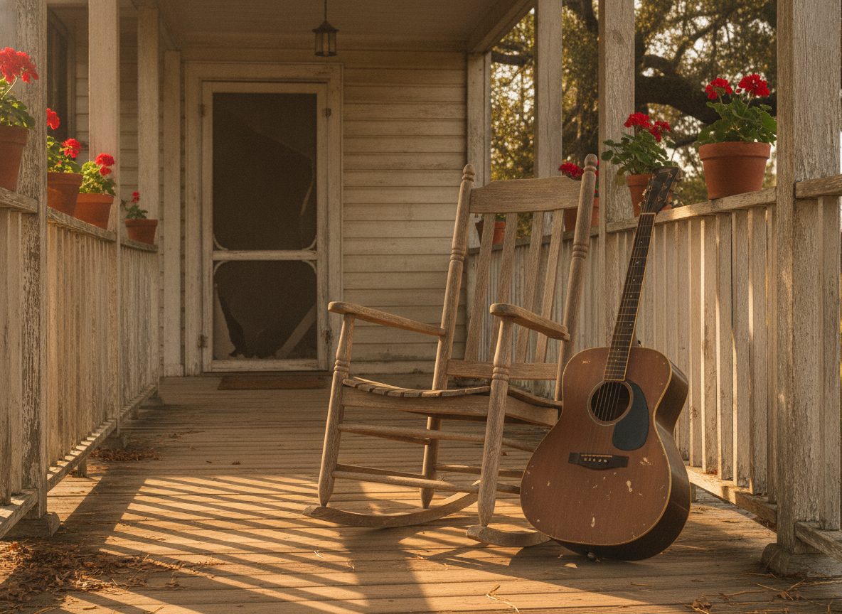 A weathered wooden farmhouse porch with an empty rocking chair and a guitar leaning against the rail