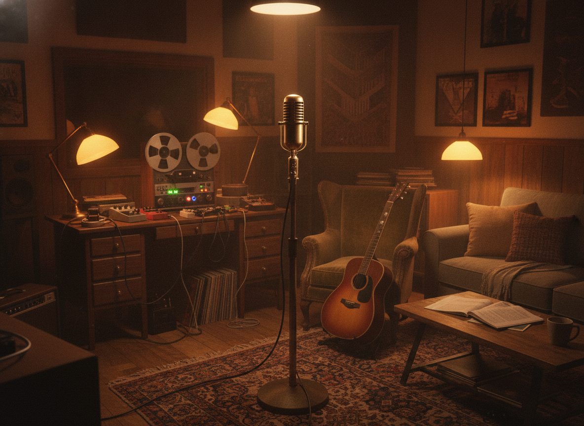 A warm dimly lit recording room with an amber lamp, a vintage microphone and an acoustic guitar