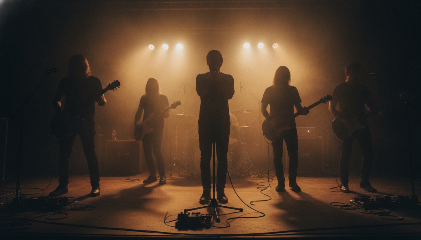 A five-piece rock band silhouetted on a small, hazy club stage under warm amber light