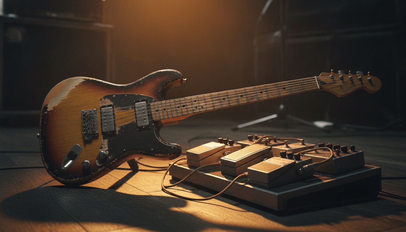 A weathered electric guitar leaning against a pedalboard bathed in warm amber stage light