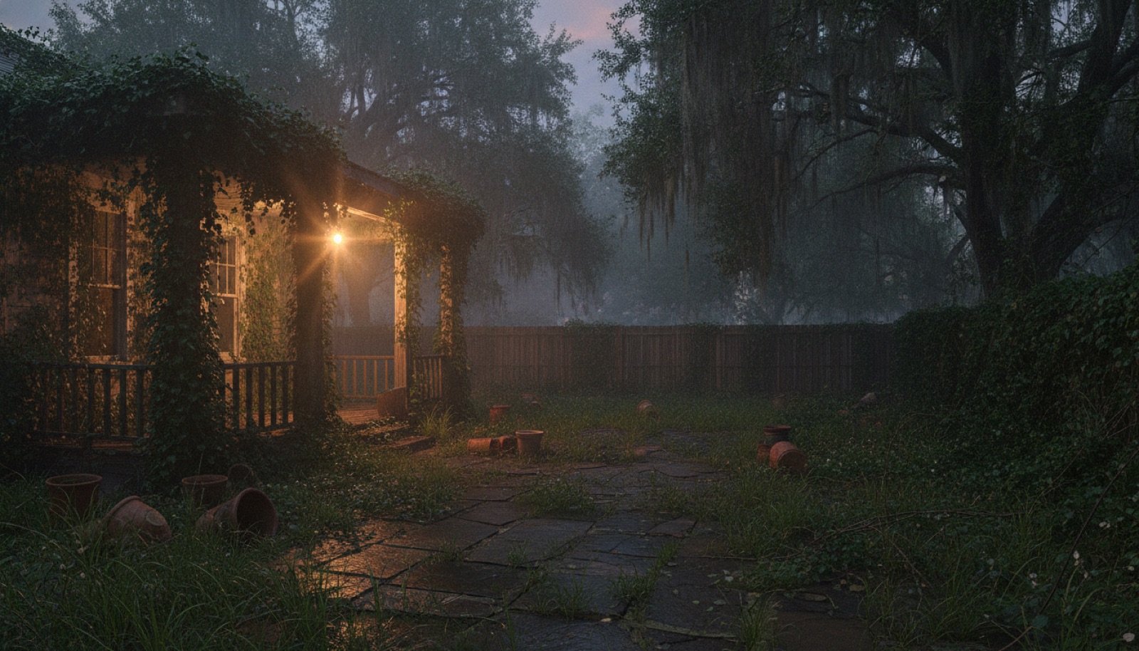 An overgrown Southern backyard at dusk with a single porch light glowing through humid haze