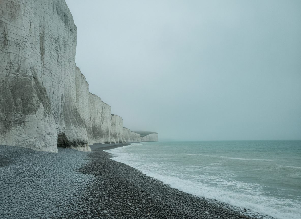 A windswept chalk cliff and pebble beach on an English island coast under a pale overcast sky
