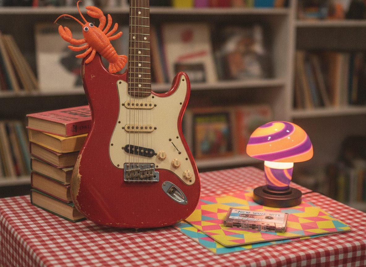 A playful retro still life of a vintage electric guitar, a cassette tape, and a lobster ornament on a checkered tablecloth