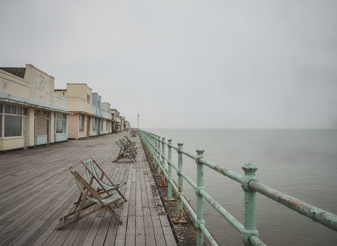 A faded retro seaside promenade with weathered pastel railings and empty deck chairs facing a grey sea