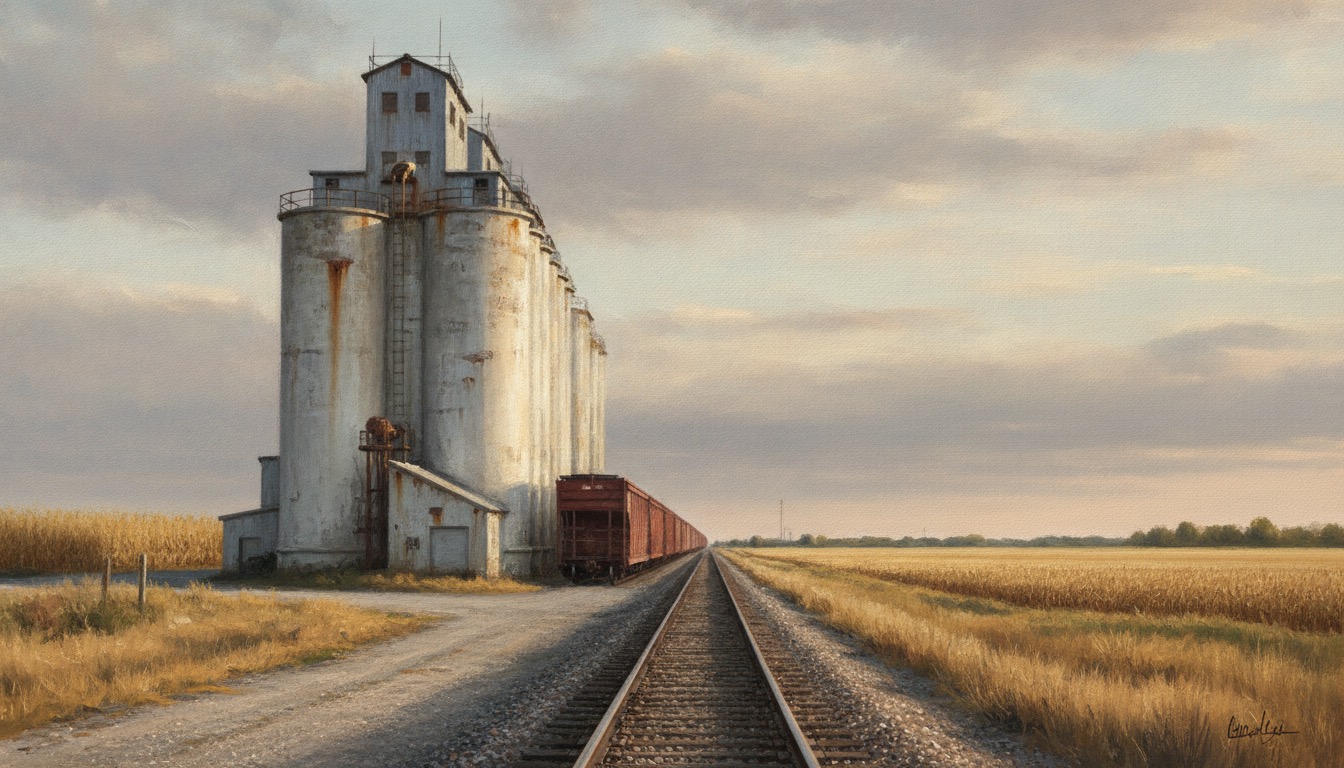 A midwestern grain elevator beside railroad tracks under a wide pale sky, American heartland