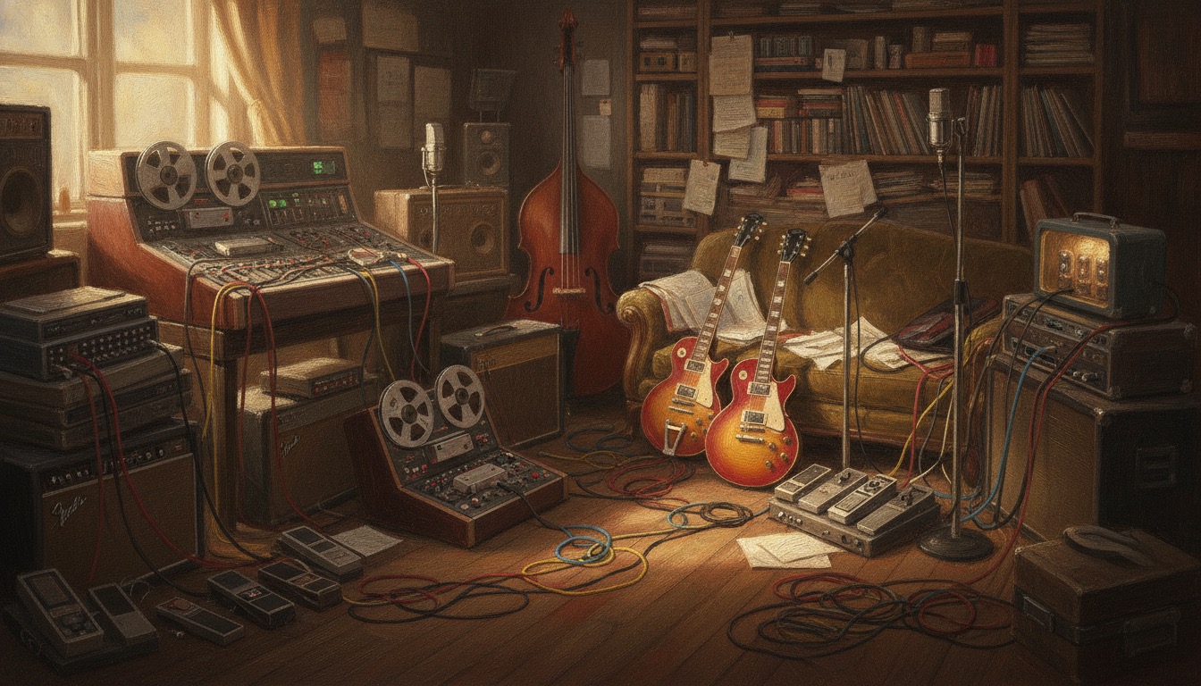 A cluttered analog recording studio with tape machines, tangled cables, and vintage guitars in warm light