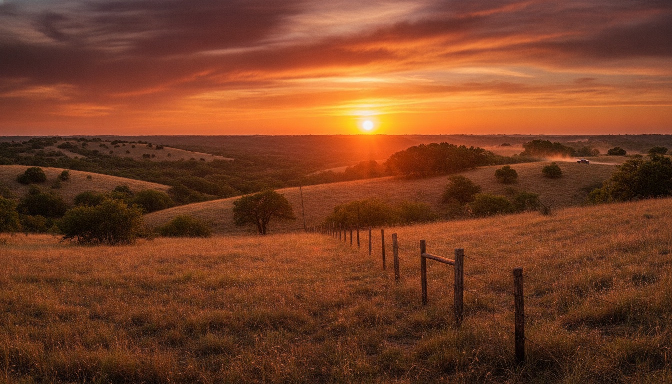 A wide Texas hill-country landscape at sunset with scrub, fence line, and a warm golden sky