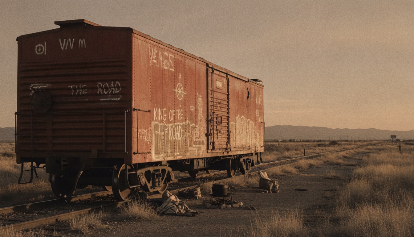 A vintage 1940s boxcar on a railway siding at golden hour in warm sepia light