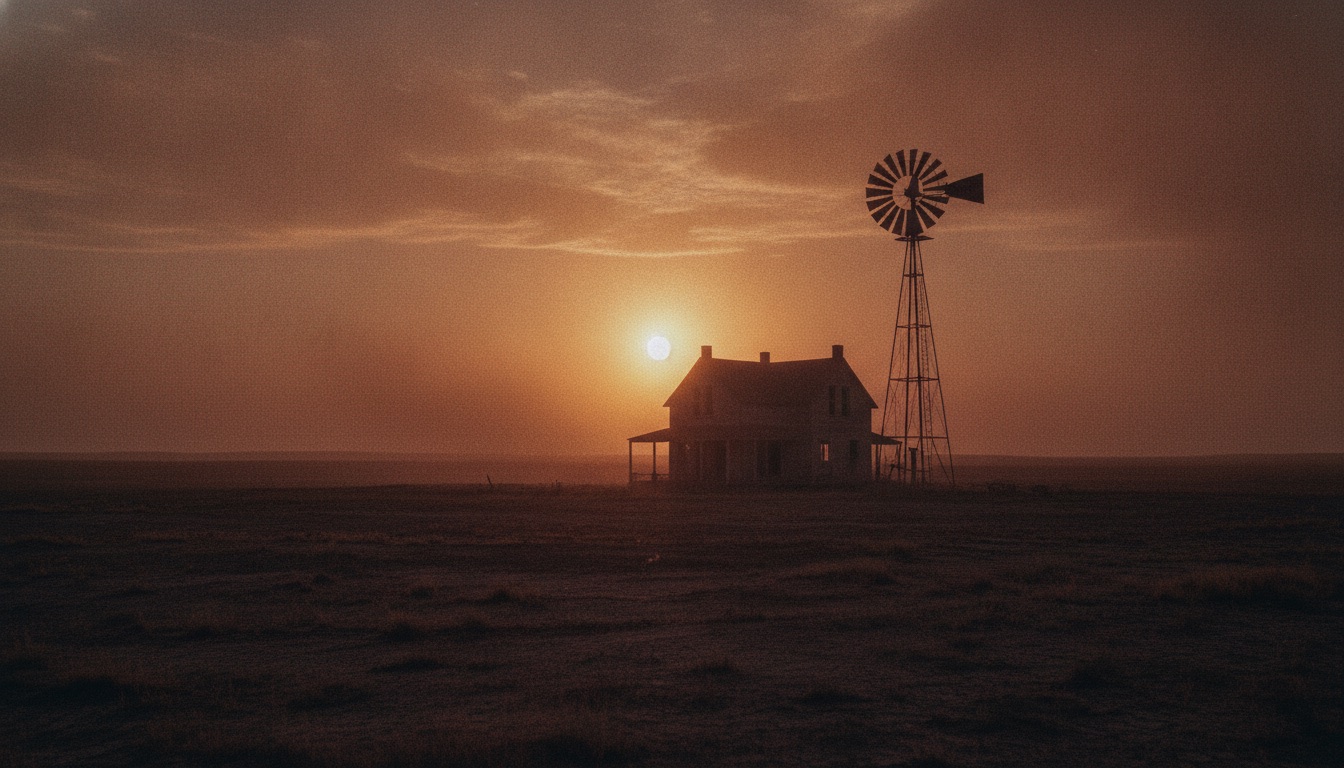 A Dust Bowl era farmhouse and windmill silhouetted against a dusty orange sunset on the Great Plains