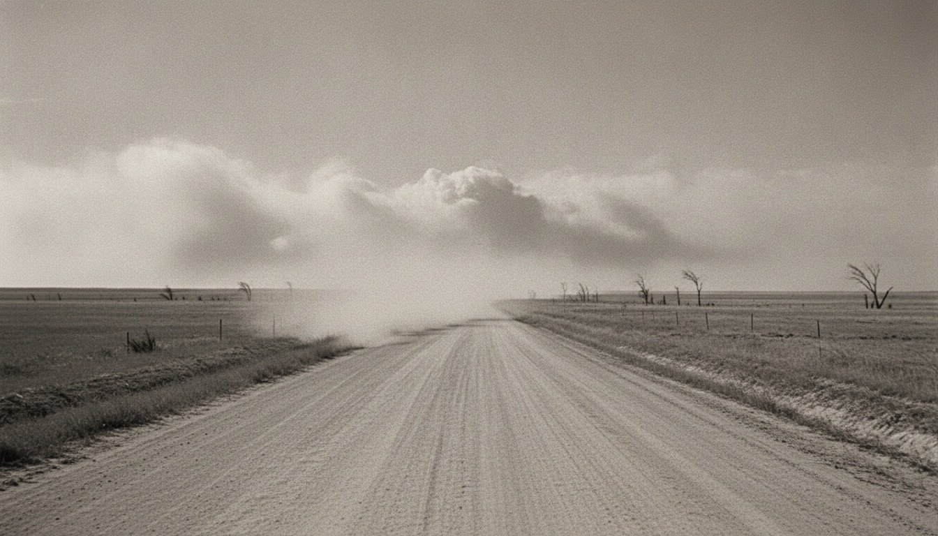 A dusty 1930s open road stretching across the flat Oklahoma plains under a big sky