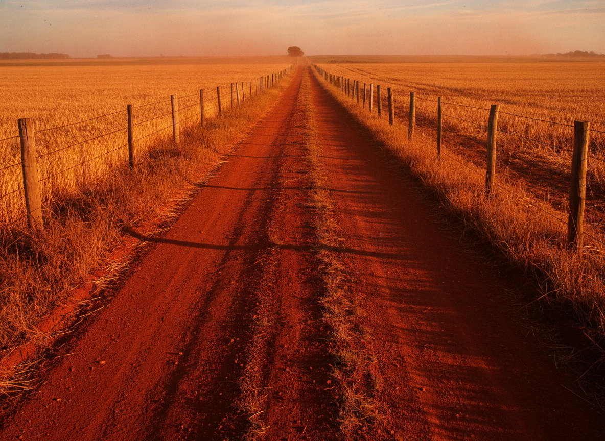 A rust-colored red-dirt road cutting between fence lines through dry Oklahoma farmland at golden hour