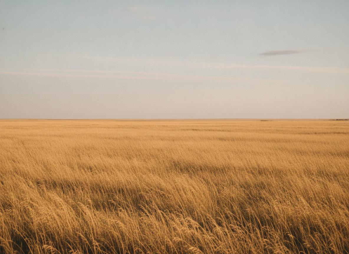 A wide open Oklahoma plain of dry grass stretching to a low horizon under a huge dusty sky
